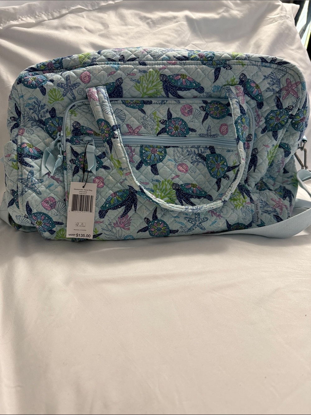 Vera Bradley Light Blue Quilted Travel Weekender with Turtle Print